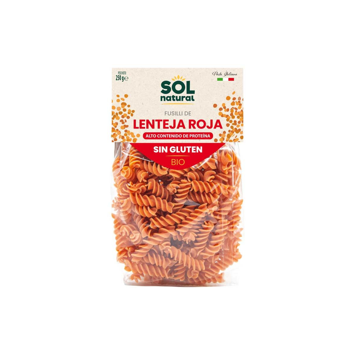 Fusilli de lenteja roja bio 250g Sol Natural